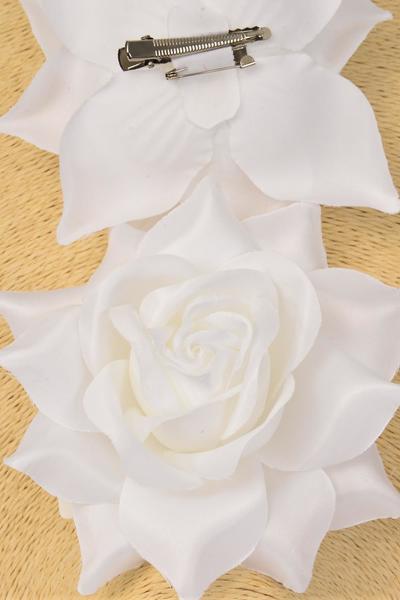 Flower Silk Flower Rose Large White / 12 pcs Flower = Dozen Size-5.5 Wide , Alligator Clip & Brooch , Hang Tag & UPC Code , W Clear Box