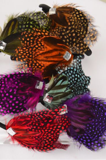 Headband Horseshoe Faux Feather Multi / 12 pcs = Dozen Color - 2 Fuchsia , 2 Blue , 2 Red , 2 Orange , 2 Brown , 1 Purple , 1 Olive Green Color Asst , Hang tag & UPC Code , w Clear Box