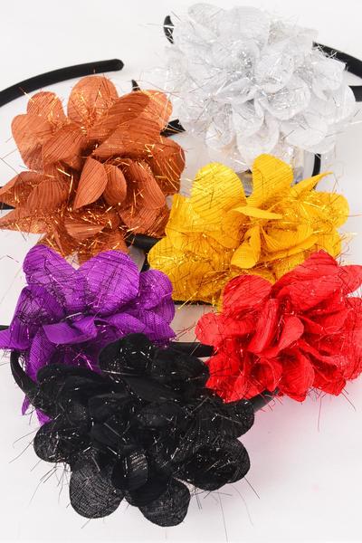 Headband Horseshoe Metallic Flower Multi / 12 pcs = Dozen Flower Size - 4.5" , 2 of each Color Asst , Hang Tag & UPC Code , Clear Box