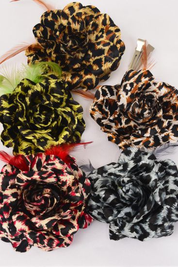 Flower Silk Flower Large Rose Leopard Print / 12 pcs Flower = Dozen Flower Size - 5" , Alligator Clip , Elastic Pony , Brooch , 3 Dk Brown , 3 Brown , 2 Green , 2 Burgundy , 2 Gray Color Mix , Display Card & UPC Code 