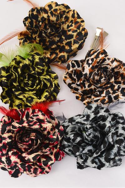 Flower Silk Flower Large Rose Leopard Print / 12 pcs Flower = Dozen Flower Size - 5" , Alligator Clip , Elastic Pony , Brooch , 3 Dk Brown , 3 Brown , 2 Green , 2 Burgundy , 2 Gray Color Mix , Display Card & UPC Code 