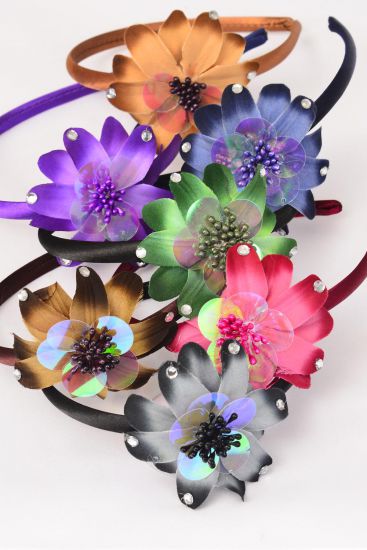 Headband Horseshoe Gradient Iridescent Flower Multi / 12 pcs = Dozen Flower Size - 3.5" , 2 Navy , 2 Black , 2 Burgundy , 2 Brown , 2 Purple , 1 Camel , 1 Green Color Asst , Hang Tag & UPC Code , W Clear Box