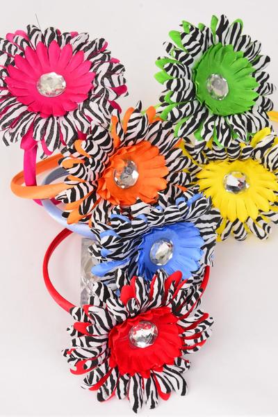 Headband Horseshoe Daisy Flower Zebra Print Multi / 12 pcs =Dozen Flower - 5" Wide , 2 Blue , 2 Yellow , 2 Red , 2 Fuchsia , 2 Orange , 2 Green Color Asst , Hang Tag & UPC Code , W Clear Box