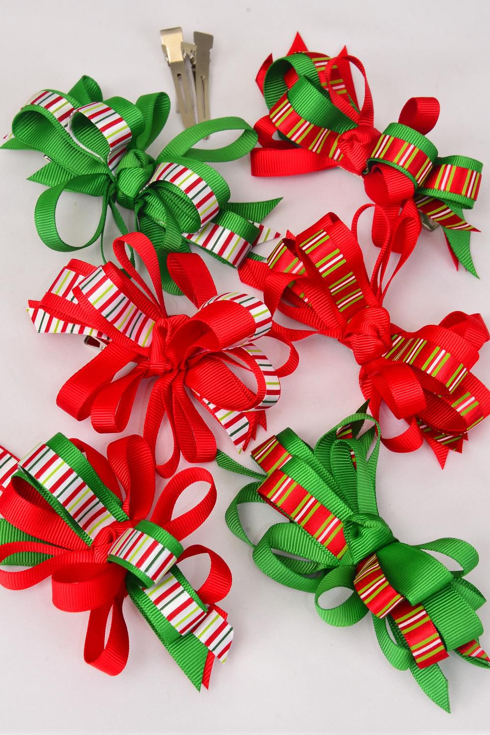 Hair Bow Large Xmas Loop Bow Candy Stripes Alligator Clip/DZ Alligator