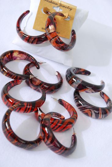 Earrings Poly Hoop Swirl Pattern Color Asst / 12 pair = Dozen Post , Size - 1.75" Wide , 4 of each Pattern Asst , Earring Card & OPP Bag & UPC Code