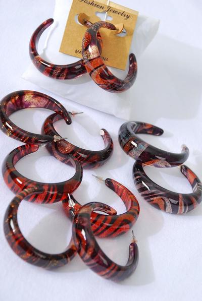 Earrings Poly Hoop Swirl Pattern Color Asst / 12 pair = Dozen Post , Size - 1.75" Wide , 4 of each Pattern Asst , Earring Card & OPP Bag & UPC Code