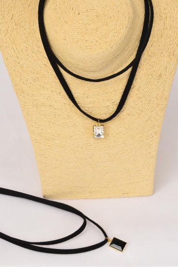 Necklace Choker 2 Strand Black Faux Suede Cord Oblong Glass Crystal Pendant / 12 pcs = Dozen Size - 14" w Extension Chain , 6 Clear , 6 Black Asst , Display Card & OPP Bag & UPC Code