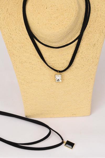 Necklace Choker 2 Strand Black Faux Suede Cord Oblong Glass Crystal Pendant / 12 pcs = Dozen Size - 14" w Extension Chain , 6 Clear , 6 Black Asst , Display Card & OPP Bag & UPC Code