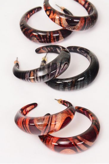 Earrings Poly Hoop Swirl Pattern Color Asst /12 pair = Dozen   Post , Size-2" Wide , 4 of each Pattern Asst , Earring Card & OPP Bag & UPC Code