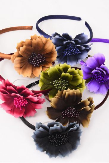 Headband Horseshoe Cosmos Flower Gradient  Dark Multi / 12 pcs = Dozen  Flower Size - 3.5" Wide , 2 Black , 2 Burgundy , 2 Dk Brown , 2 Navy , 2 Purple , 1 Olive , 1 Light Brown Color Asst , Hang Tag & UPC Code