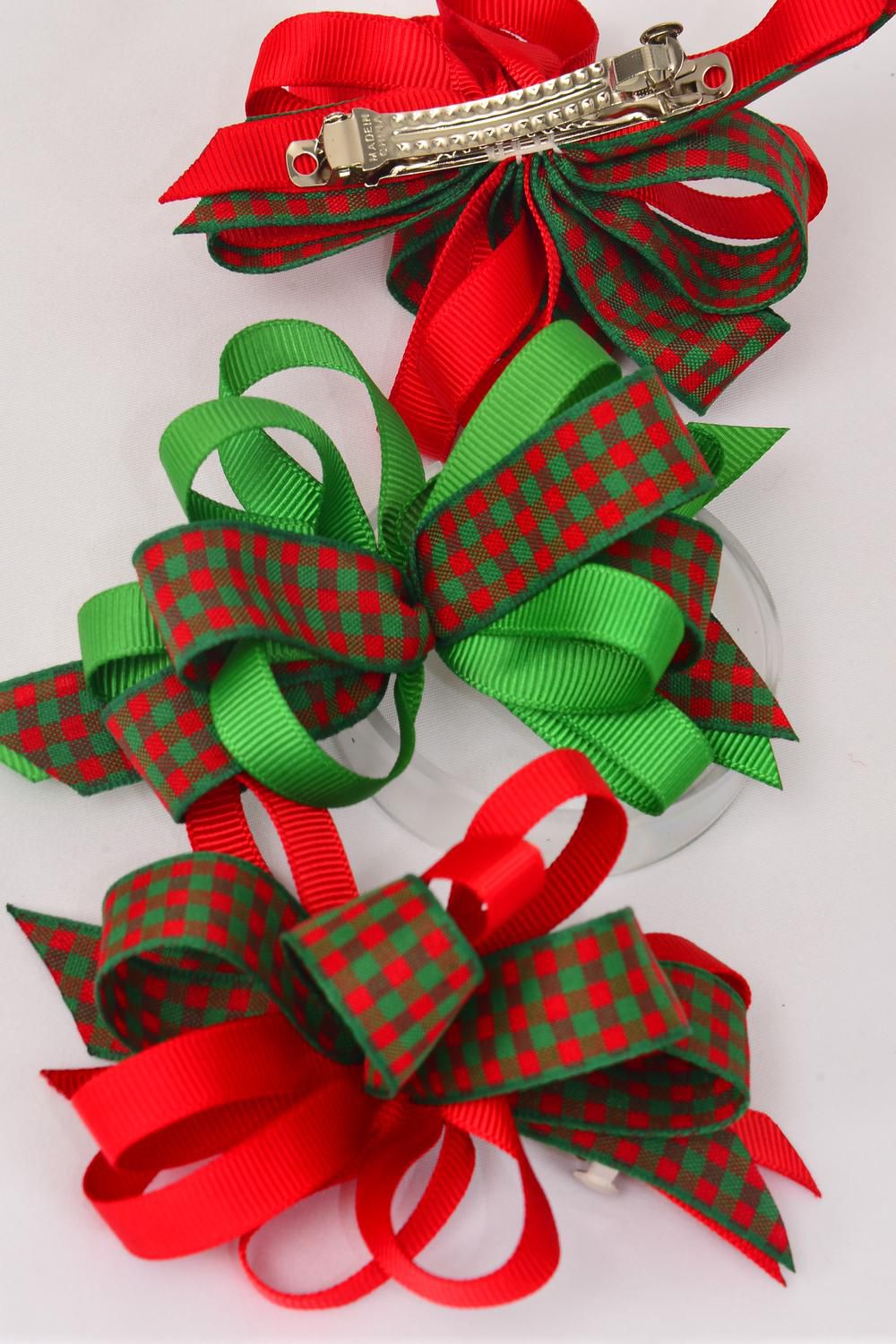 Hair Bow Xmas Grosgrain Loop Bow Gingham Alligator Clip/DZ **French