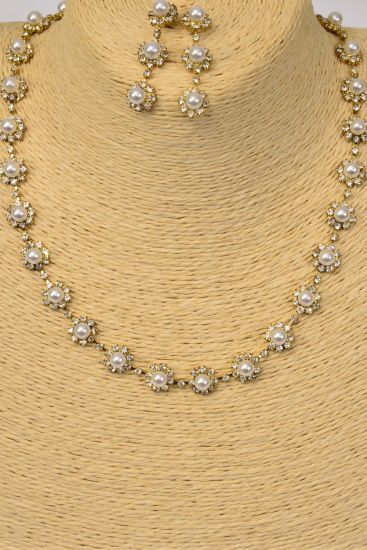 Necklace Sets Flower Pearl Rhinestones / Sets Post , Size - 18 inches , Extension Chain , Black Velvet Display Card & OPP Bag & UPC Code