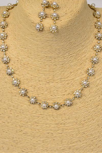 Necklace Sets Flower Pearl Rhinestones / Sets Post , Size - 18 inches , Extension Chain , Black Velvet Display Card & OPP Bag & UPC Code