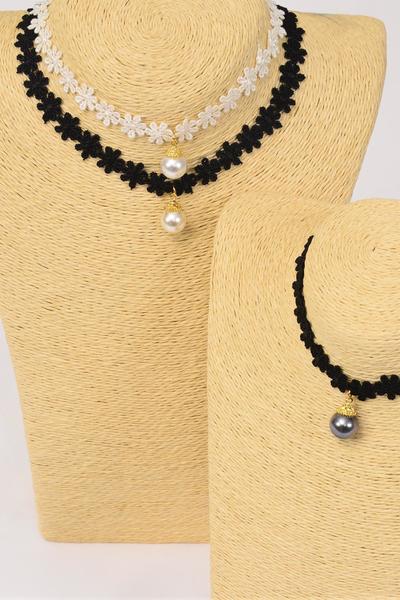 Necklace Choker Black Lace 12 mm Pearl Pendant / 12 pcs = Dozen Size - 14" Extension Chain , 4 Gray , 4 Cream , 4 White Color Asst , Display Card & OPP Bag & UPC Code
