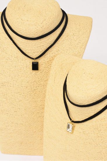 Necklace Choker 2 Strand Black Faux Suede Cord Oblong Glass Crystal Pendant / 12 pcs = Dozen Size - 14" w Extension Chain , 6 Clear , 6 Black Asst , Display Card & OPP Bag & UPC Code