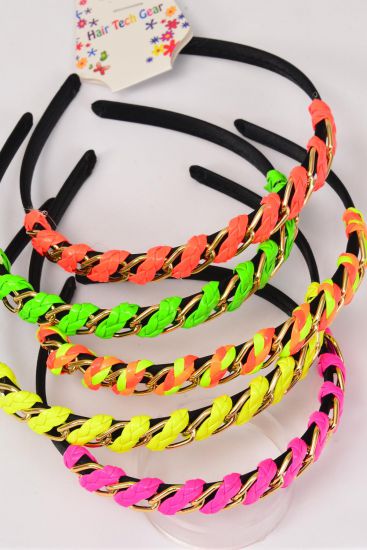Headband Horseshoe Braid Gold Chain Neon Color Asst / 12 pcs = Dozen Neon , Size - 0.5" Wide , 4 Multi , 2 Pink , 2 Yellow , 2 Lime , 2 Orange Color Asst , Hang Tag & OPP Bag & UPC Code