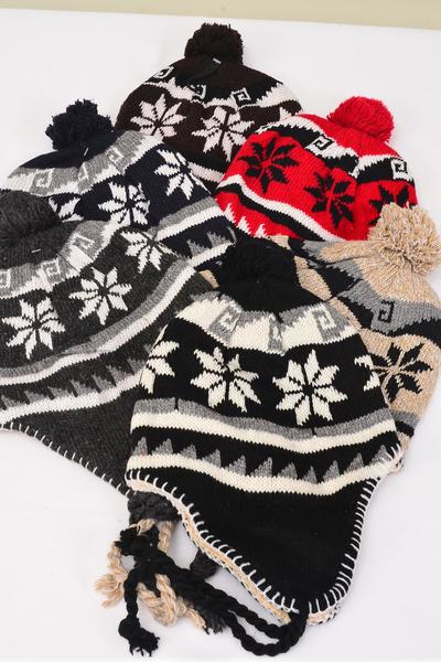 Hat Winter Knit Hat Snowflake Fleece Inside / 12 pcs = Dozen Color - 2 black , 2 navy , 2 red , 2 gray , 2 brown , 2 Khaki Asst , OPP Bag and UPC Code