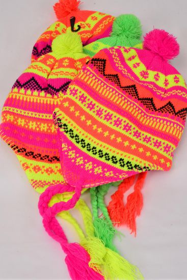 Hat Winter Knit Hat Neon Snowflake Fleece Inside Polyester Heavy Weight / 12 pcs = Dozen  Color - 3 Neon Pink , 3 Neon Orange , 3 Neon Lime , 3 Neon Yellow Color Asst , Hang Tag & OPP Bag and UPC Code