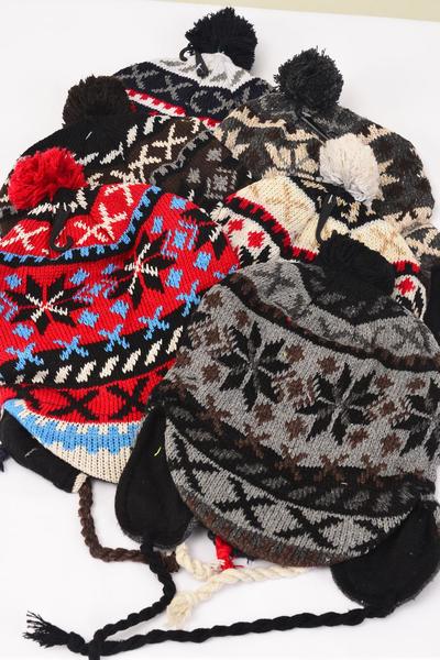 Winter Knit Hat Snowflake Fleece Inside W Visor / 12 pcs = Dozen  2 Black , 2 Brown , 2 Gray , 2 Red , 2 Navy , 2 Beige Color Asst , OPP Bag and UPC Code