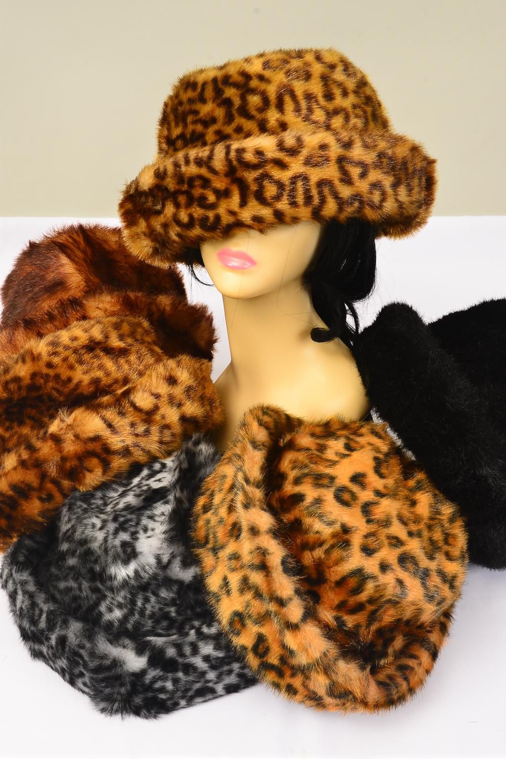 Women's Leopard Plush Faux Fur Roll Up Bucket Hat /PC W OPP Bag,Choose