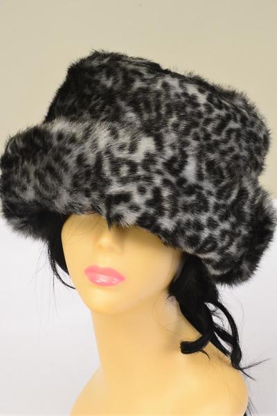 Hat Womens Leopard Plush Faux Fur Roll Up Bucket Hat / PC W OPP Bag , Choose Patterns