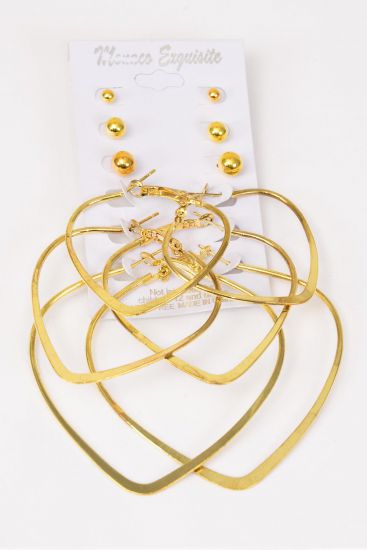 Earrings Gold 72 pair Hearts and Studs Mix / 12 Card = Dozen  Post , Size - Hearts 1.75" , 2" , 2.75" Mix , Earring Card & OPP bag & UPC Code , 12 Card = Dozen