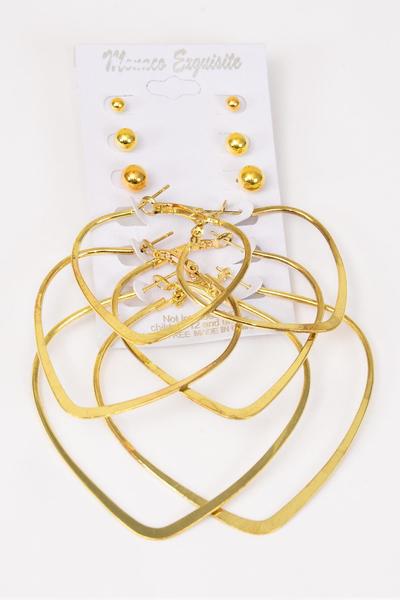 Earrings Gold 72 pair Hearts and Studs Mix / 12 Card = Dozen  Post , Size - Hearts 1.75" , 2" , 2.75" Mix , Earring Card & OPP bag & UPC Code , 12 Card = Dozen