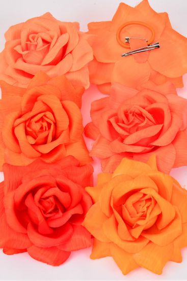 Flower Silk Flower Large Tea Rose Special Fabric Alligator Clip Orange Mix / 12 pcs Flower = Dozen   Sizev - 5.5", Alligator Clip & Elastic Pony & Brooch , 4 Tangerine , 2 Tarrid Orange , 2 Russet Orange , 2 Autumn Orange , 2 Sunset Orange Mix