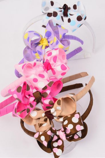 Headband Horseshoe Large Polka dots Grosgrain Bow-tie / 12 pcs = Dozen Bow Size - 4" x 3" Wide , 2 of each Color Asst , Hang tag & UPC Code , W Clear Box 