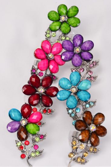 Rings Flower Acrylic Marble & Rhinestone mix Adjustable / 12 pcs = Dozen   Adjustable , Flower Size - 2" x 1" Wide , 2 Fuchsia , 2 Brown , 2 Purple , 2 Blue , 2 Multi , 1 Red , 1 Lime Color Asst