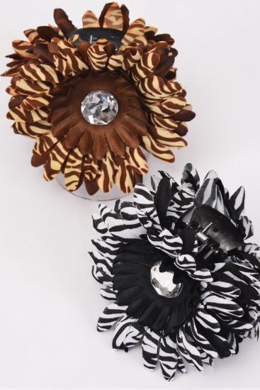 Flower Jaw Clip Zebra Daisy Folwer / 12 pcs Jaw Clip Flower = Dozen Flower 5" Wide , Jaw Clip - 3.5" Wide , 8 Black , 4 Brown Color Mix , Hang Tag and UPC Code , W Clear box