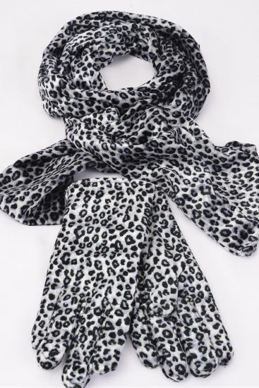 Velvet Scarf Glove Matching Sets Leopard Print / Sets Gray , Scarf Size - 60" x 6" Wide , Opp Bag & UPC Code & Hook
