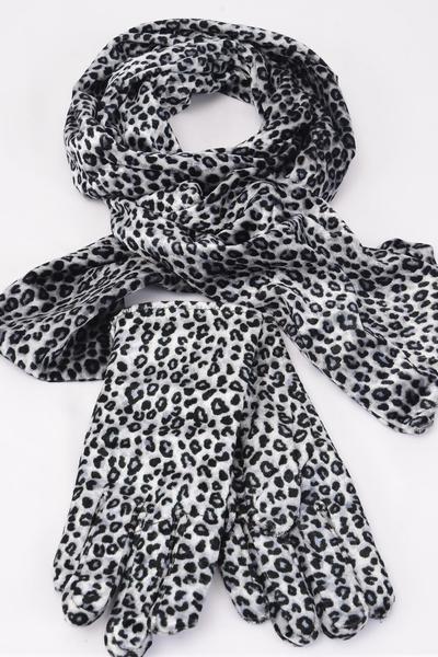 Velvet Scarf Glove Matching Sets Leopard Print / Sets Gray , Scarf Size - 60" x 6" Wide , Opp Bag & UPC Code & Hook