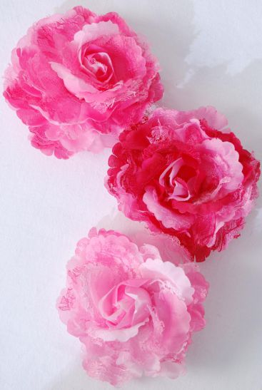 Flower Silk Flower Jumbo Rose Satin Lace Mix  Pink Color Mix / 12 pcs Flower = Dozen  Size - 5" Wide , w Alligator Clip & Brooch , 4 Fuchsia , 4 Hot Pink , Baby Pink Color Mix , Display Card & UPC Code , W Clear Box