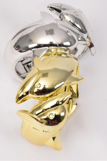 Bracelet Bangle Acrylic Hinge Dolphin Gold Silver Asst / 12 pcs = Dozen Hinge , Size - 2.75 x 1.25" Wide , 6 Gold & 6 Silver Mix , Hang Tag & OPP bag & UPC Code 