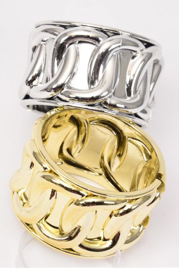 Bracelet Bangle Acrylic Wide Hinge Chain Pattern Gold Silver Mix / 12 pcs = Dozen  Size - 2.75" x 2" Dia Wide , 6 Gold , 6 Silver Color Mix , Hang Tag & OPP Bag & UPC Code 