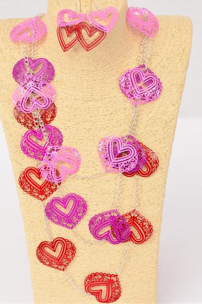 Necklace Sets Filigree Hearts Pink Red Mix / 12 pcs =Dozen Size - 40" Long , 6 Red , 3 Fuchsia , 3 Pink Mix , Hang tag & OPP bag & UPC Code