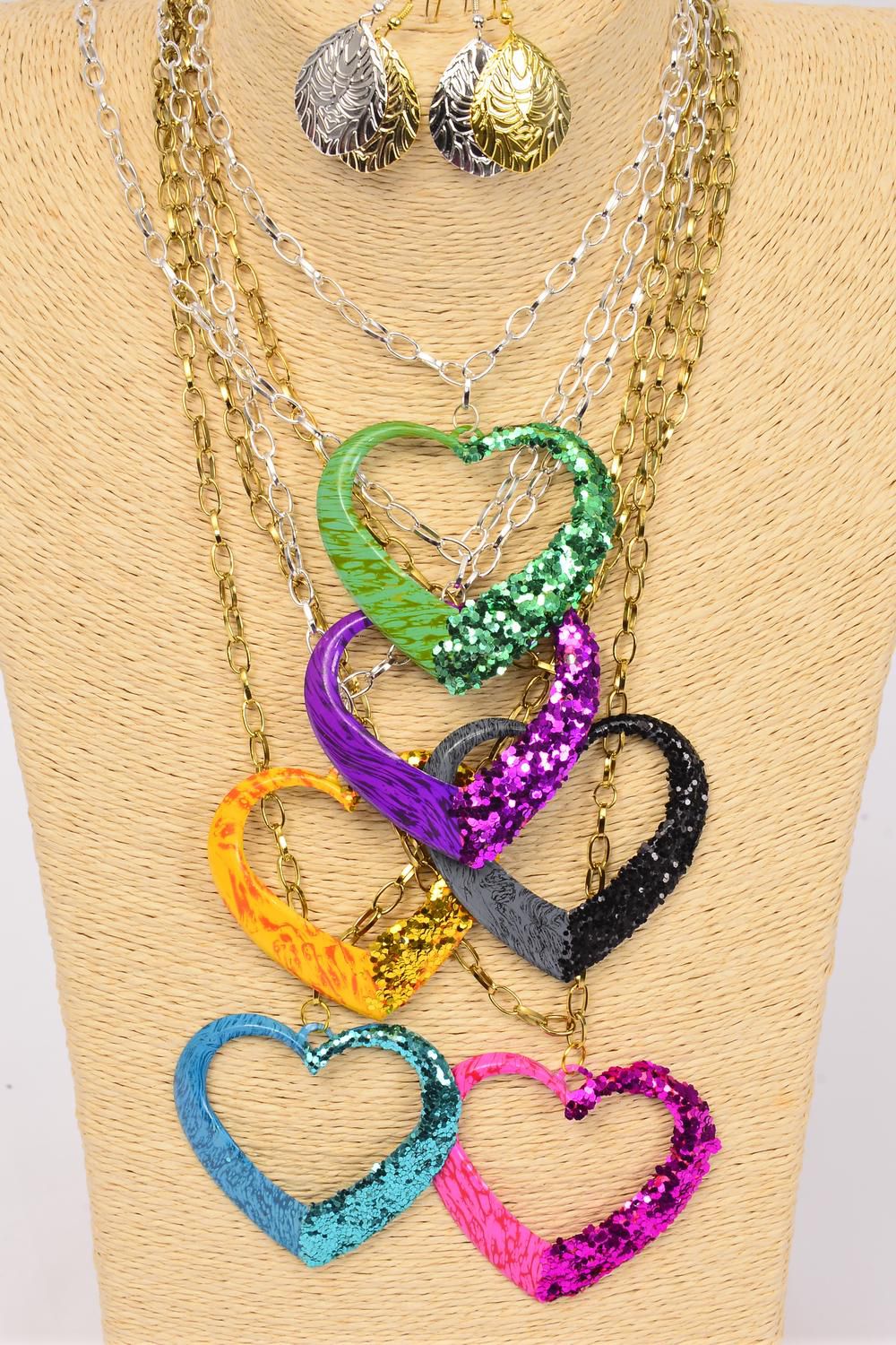 Necklace Sets 24 inch Thick Chain Glitter & Enamel Glitter Heart