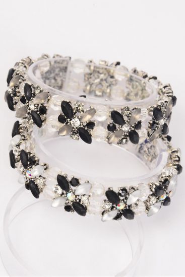 Bracelet Black Flower Rhinestone Acrylic Stone Mix Stretch / PC Black , Stretch , Flower - 0.75" Wide , Hang Card & Opp Bag 