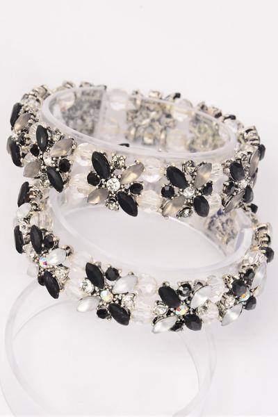 Bracelet Flower Rhinestone Acrylic Stone Mix Stretch / 12 pcs = Dozen Stretch , Flower-0.75" Wide , Choose Colors, Hang card & Opp Bag 