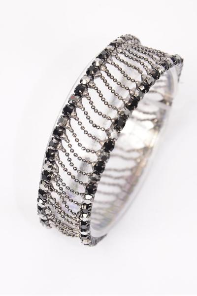 Bracelet Mesh Look Black Rhinestones Stretch / 12 pcs = Dozen Stretch , Black , Size - 0.75" Wide , Display card & OPP bag & UPC Code , Choose Colors 