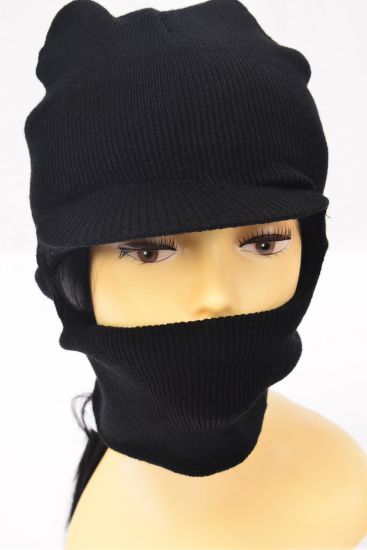 Winter Knitted Black Hat w Visor Polyester Heavy Weight/DZ With OPP Bag & UPC Code -