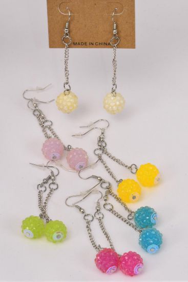 Earrings Poly 14 mm Tiffany Ball Candy Color Mix / 12 pair = Dozen Fish Hook , Size - 2" Long , 2 of each Color Asst , Earring Card & Opp Bag & UPC Code