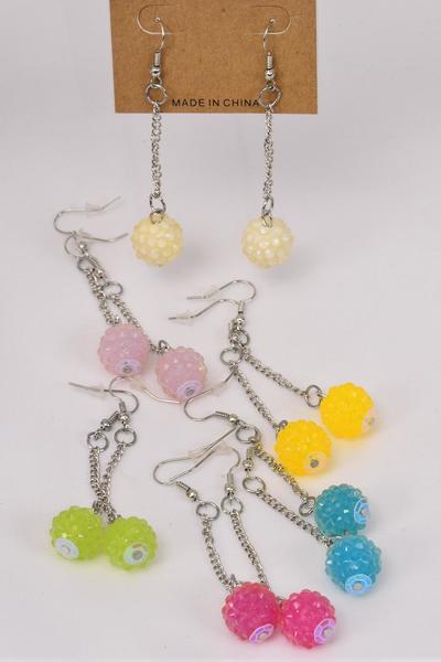 Earrings Poly 14 mm Tiffany Ball Candy Color Mix / 12 pair = Dozen Fish Hook , Size - 2" Long , 2 of each Color Asst , Earring Card & Opp Bag & UPC Code