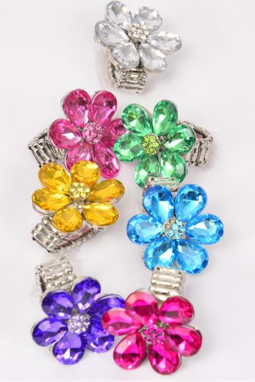 Rings Acrylic Flower Citrus Color Rhinestones Stretch / 12 pcs = Dozen Stretch , Flower Size - 1" Wide , 2 Fuchsia , 2 Pink , 2 Purple , 2 Turquoise , 2 Yellow , 1 Clear , 1 Green Color Asst.
