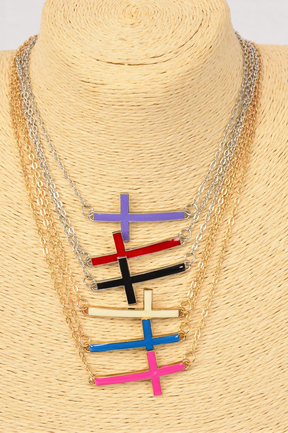 Necklace Chain Enamel Sideway Cross Multi/DZ Cross1.5"x 1" Wide,20