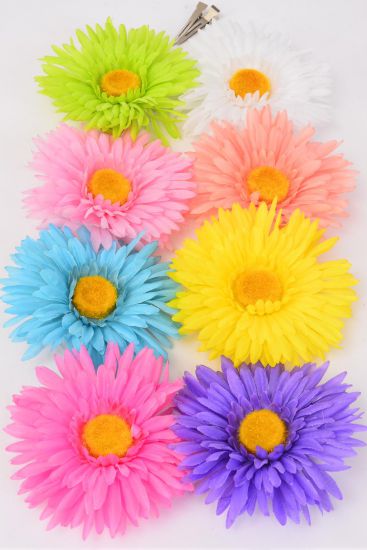 Flower Silk Flower Large Daisy Flower Pastel Life Like / 12 pcs Flower = Dozen  Size - 6" , Alligator Clip & Brooch & Elastic Pony , 2 Hot Pink , 2 Yellow , 2 Pink , 2 Peach , 1 Blue , 1 Lavender , 1 White , 1 Lime Color Mix