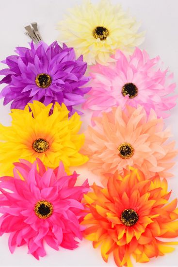 Flower Silk Flower Gerber Daisy Multi / 12 pcs Flower = Dozen Size - 5" Wide , Alligator Clip & Brooch & Elastic Pony , 2 Fuchsia , 2 Pink , 2 Beige , 2 Orange , 2 Peach, 1 Yellow , 1 Purple Color Asst