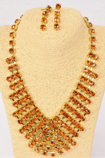 Necklace Sets Fancy Rhinestone Sets Amber / 12 sets = Dozen  Amber , Post , 18" Long Extension Chain , Black Velvet Display Card & OPP bag & UPC Code