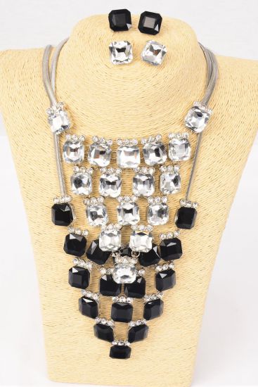 Necklace Sets Fancy Octagon Glass Rhinestones / Set Post , 18" Extension Chain , Velvet Display Card & OPP Bag & UPC Code , Choose Colors